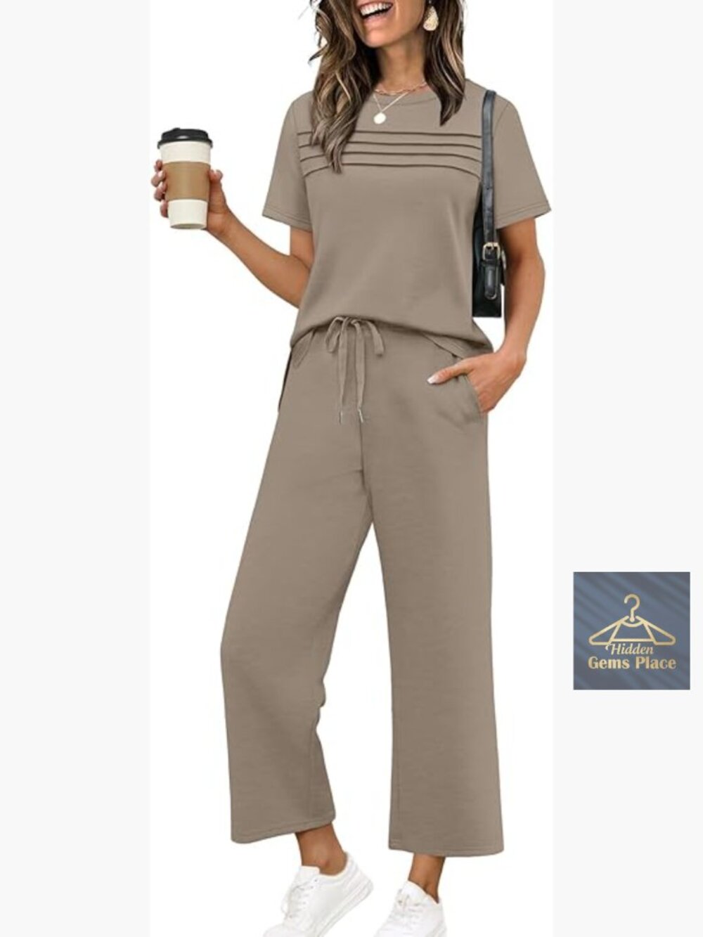 Lightweight Polyester Two Piece Set Wide Leg Pants Short Sleeve Lounge Outfit